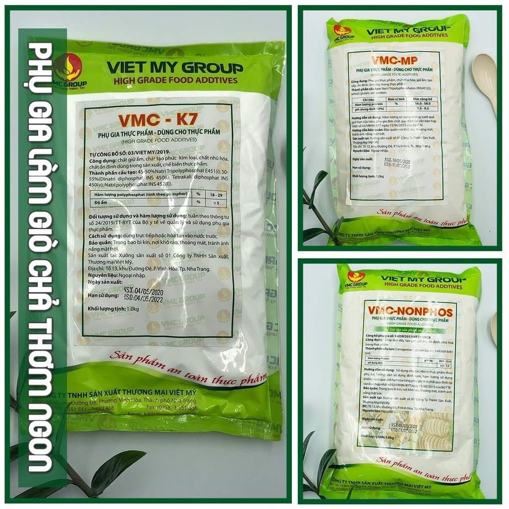 COMBO BỘ 3 SẢN PHẨM LÀM GIÒ, CHẢ, XÚC XÍCH TỪ THỊT ĐÔNG LẠNH - TẠO DAI GIÒN, TĂNG KẾT DÍNH, GIỮ ĐỘ DẺO CHO MỌC -  VMC K7, VMC MP, VMC NONPHOS