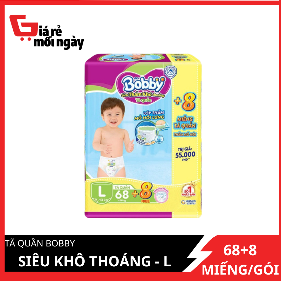 Tã quần Bobby Siêu cực đại 68 miếng tặng thêm 8 miếng Jumbo L68+8