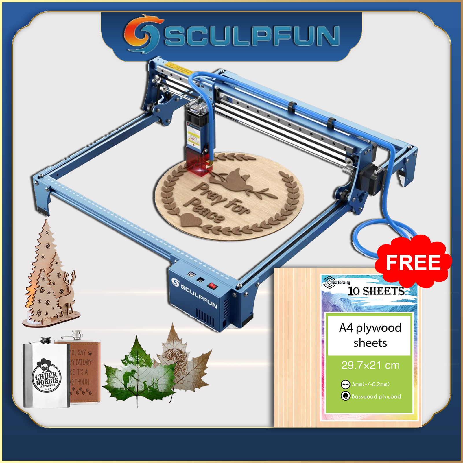SCULPFUN S10 10W máy khắc laser mini ,Có thể khắc nhựa, gỗ, thép không gỉ,máy khắc laser kim loại