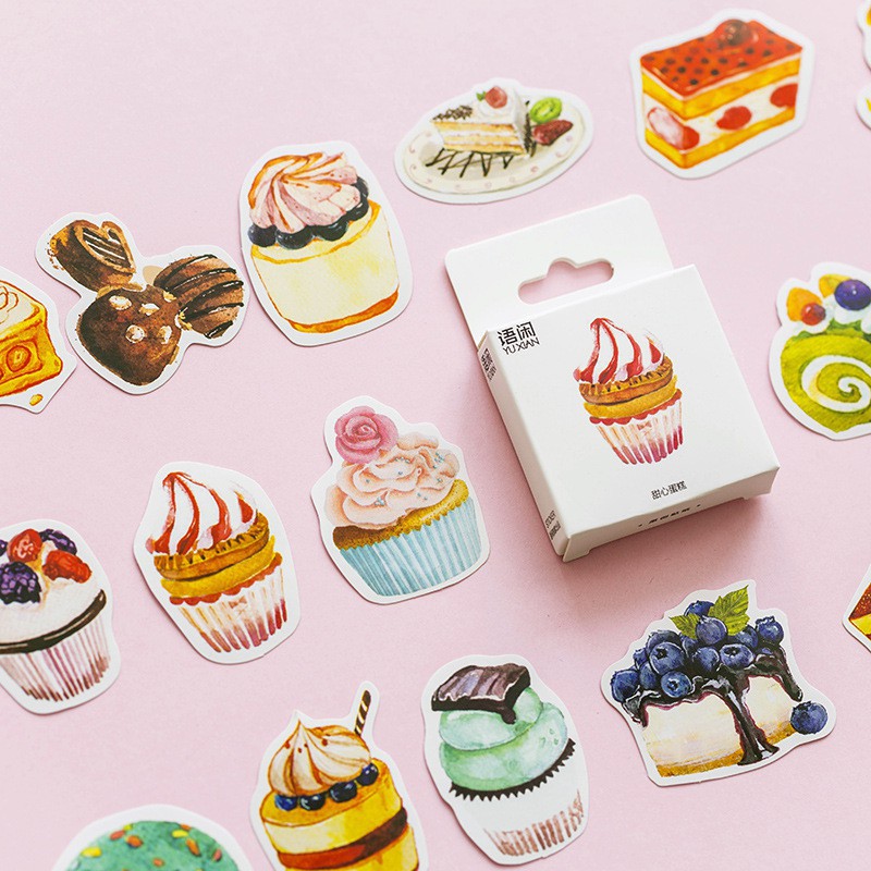 Hộp 50 sticker nhãn dán Sen đá, Bánh ngọt trang trí planner scrapbook M14