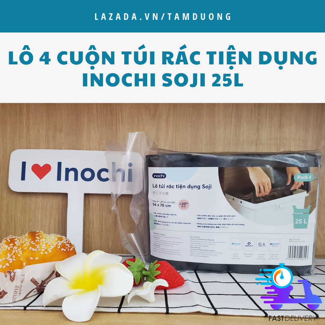 Lô 4 cuộn túi rác Inochi tiện dụng 25L [HCM-Giao hoả tốc 2h]