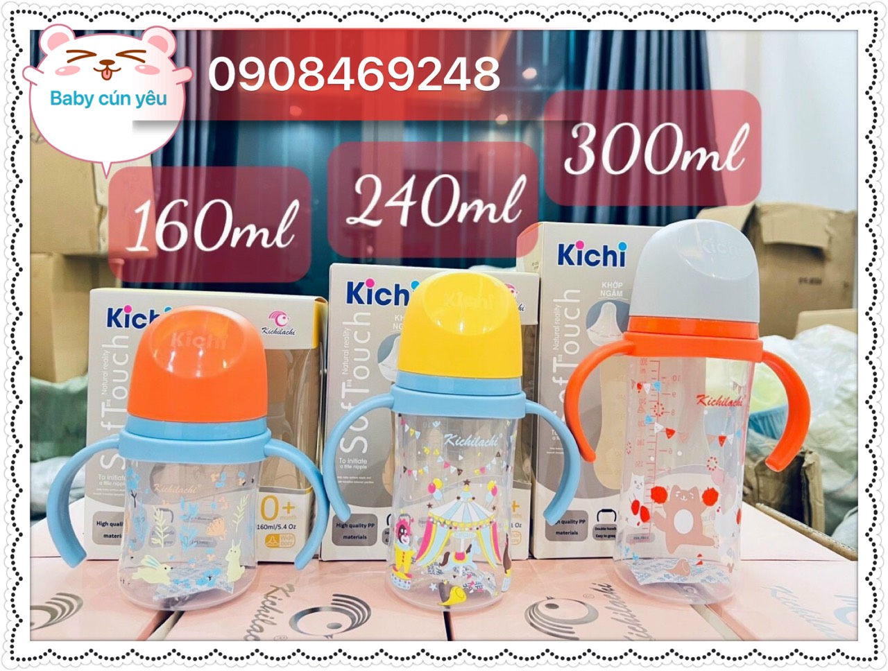 Bình Sữa Cổ rộng Kichi, Bình sữa cho bé nhựa PP 160ml/ 240ml/300ml ( Có quai cầm