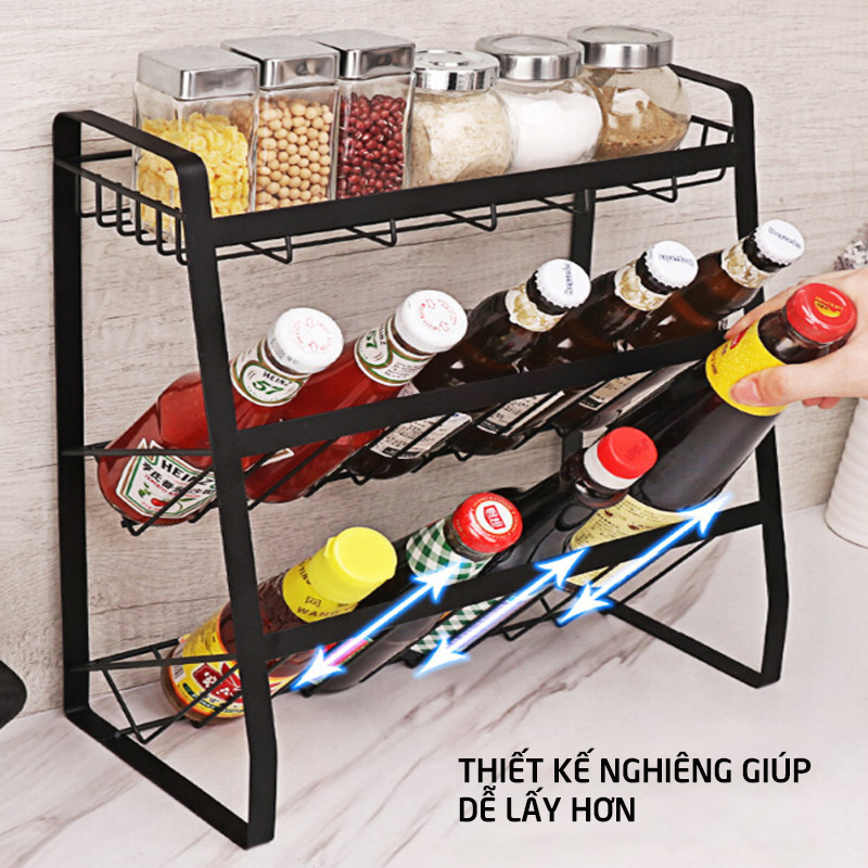 Kệ gia vị sơn tĩnh điện, giá đỡ đựng hủ muối đường, chai dầu giấm, lọ nước tương, nước mắm có tầng nghiêng cho bếp gia đình, nhà hàng, khách sạn, quán ăn HK114-KGV3
