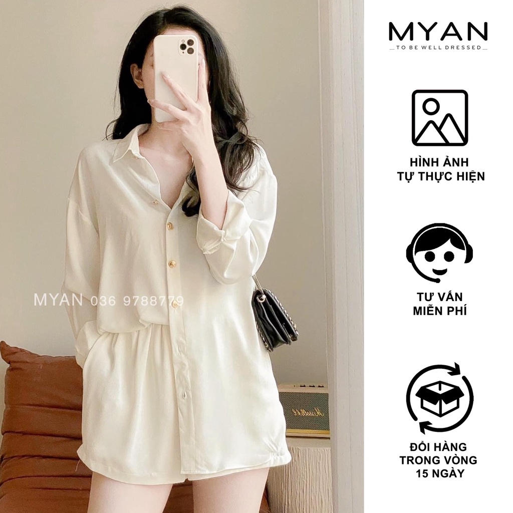 Set áo sơ mi cổ đức + quần shorts/sooc cạp chun màu trơn myan - svn042203