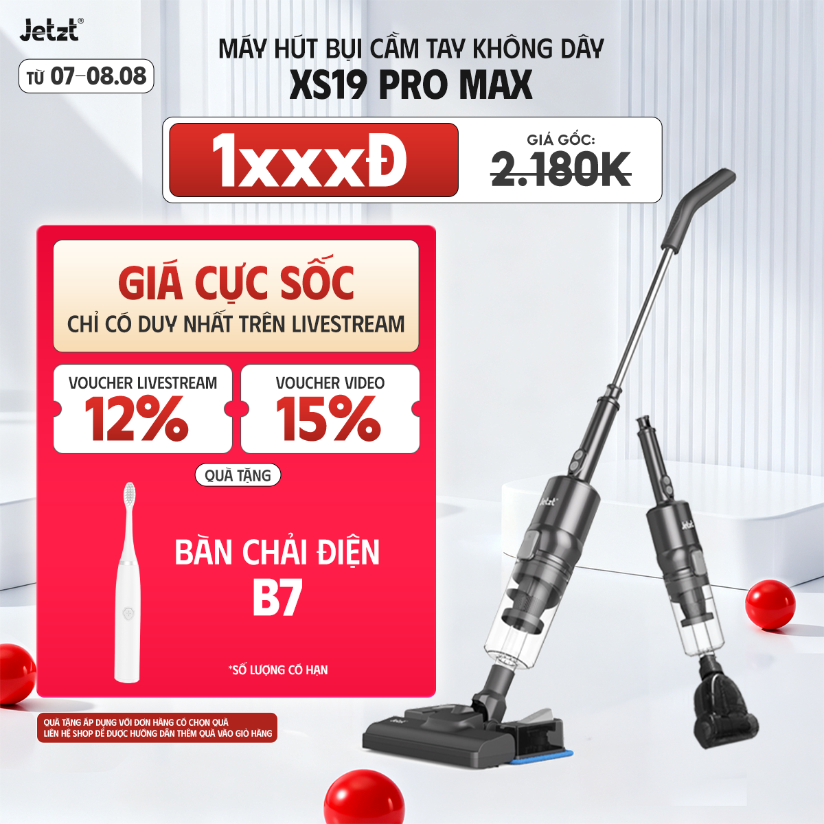 Máy hút bụi cầm tay không dây JETZT XS19 lực hút mạnh 18.500PA, lau sàn hút bụi đa năng 5in1