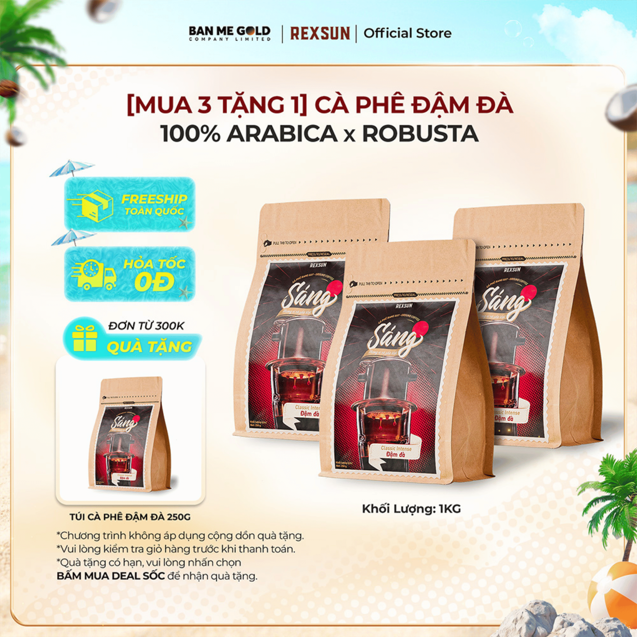 [MUA 3 TẶNG 1] Cà Phê Rang Xay Gu Đậm Đà - 100% Arabica x Robusta - 250g/500g - Cafe Nguyên Chất Ban Me Gold - REXSUN