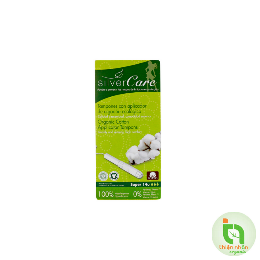 Tampon hữu cơ 3 giọt có cần đẩy Silvercare Super 14 miếng
