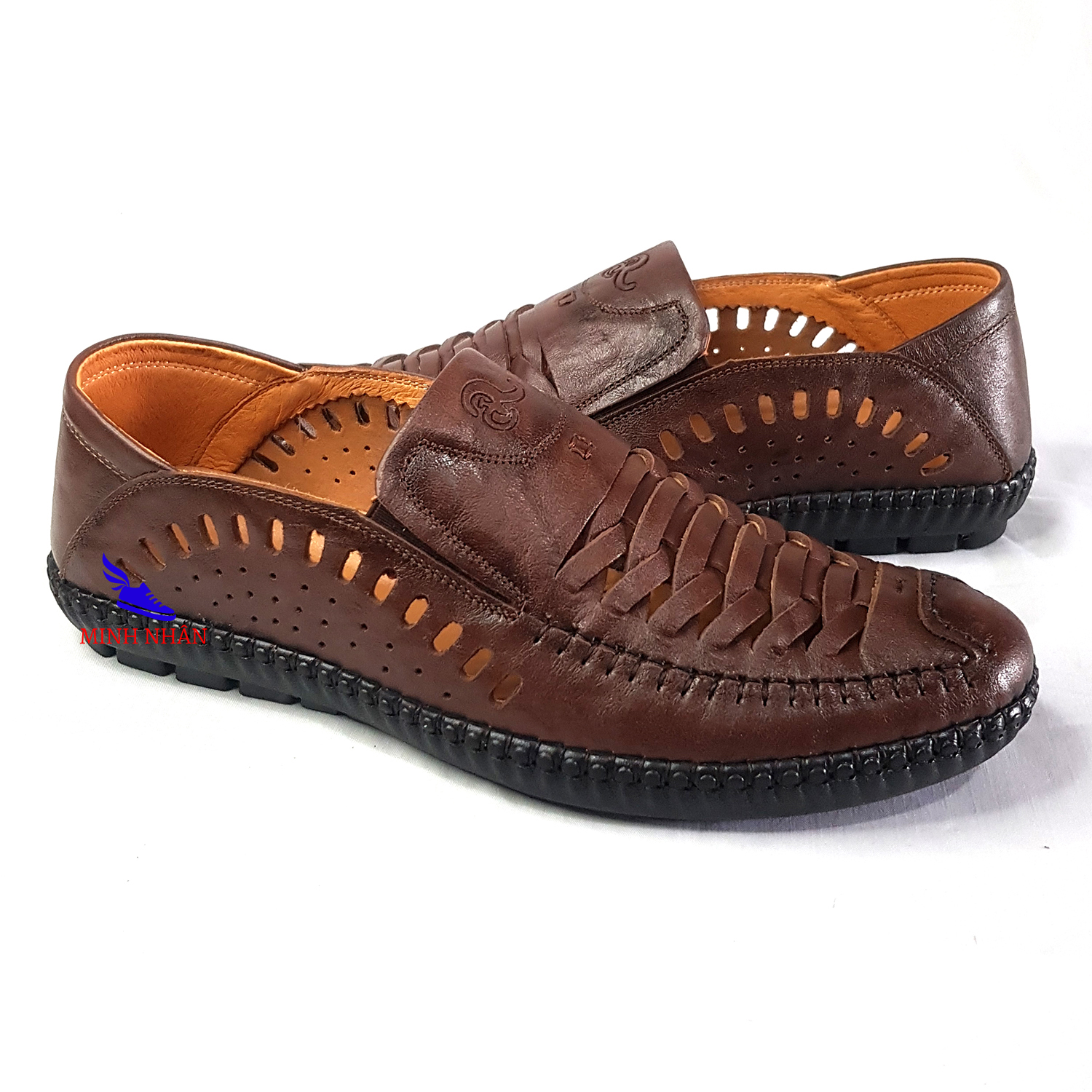 Minh Nhân - Giày lười giày mọi nam Slipon da bò cao cấp thời trang hàng hiệu giá rẻ đục lỗ đẹp thoáng khí Giày mùa hè nam 2021 đẹp Giày rọ nam da bò cao cấp hàng hiệu H-3 màu nâu