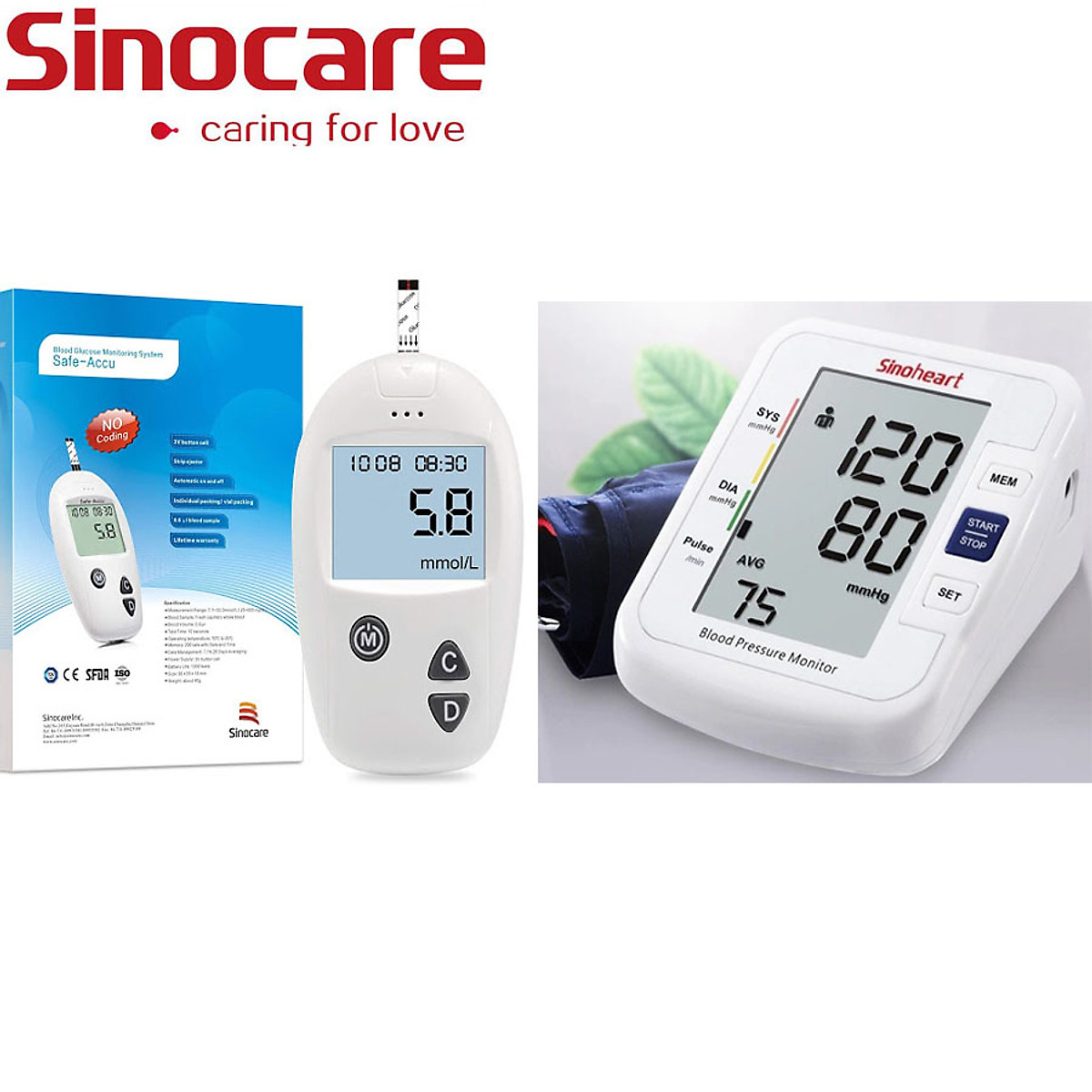 Combo Máy Đo Đường Huyết Safe Accu + Máy Đo Huyết Áp Sinoheart Chính Hãng Sinocare