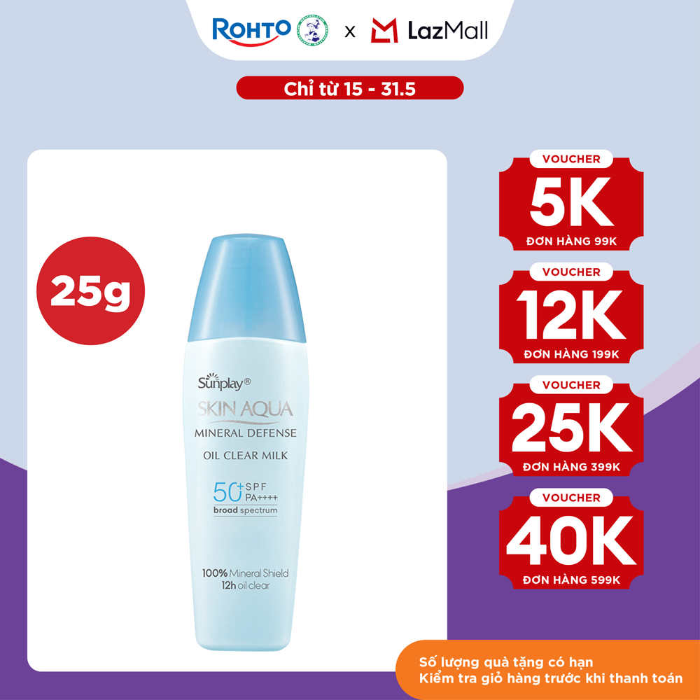 Kem chống nắng vật lý Skin Aqua kiềm dầu, dạng sữa dùng hàng ngày Sunplay Skin Aqua Mineral Defense Oil Clear Milk SPF50+ PA++++ 25g