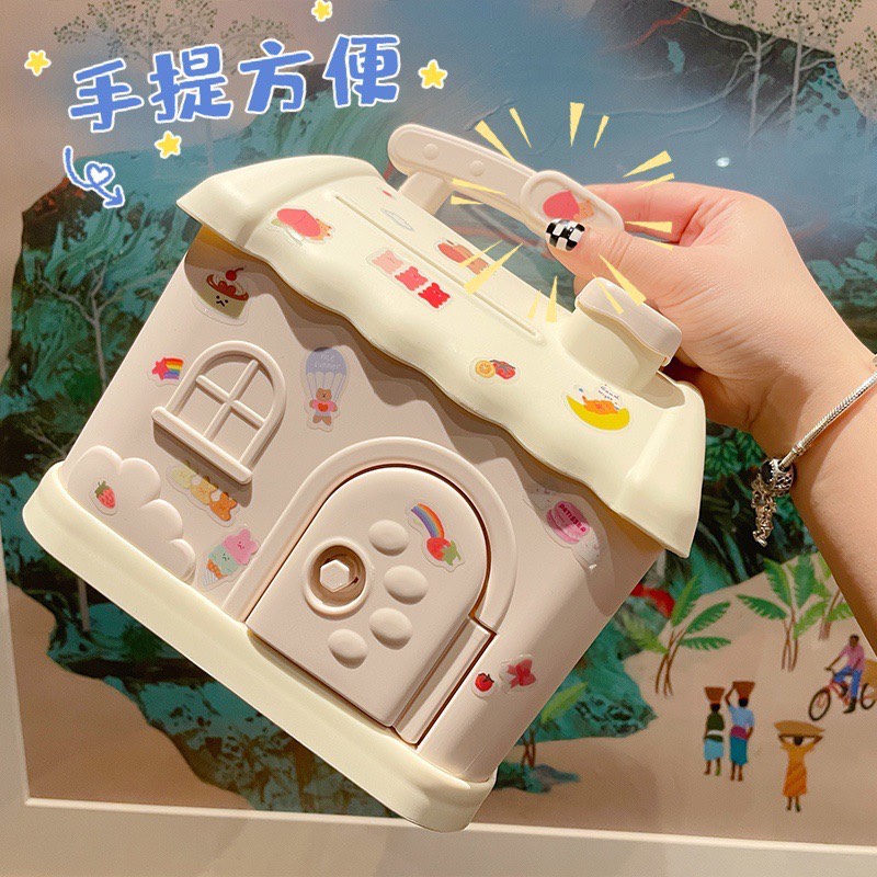 Ống heo hình ngôi nhà tiết kiệm dễ thương có kèm chìa khóa, tay cầm tiện lợi tặng kèm charm sticker
