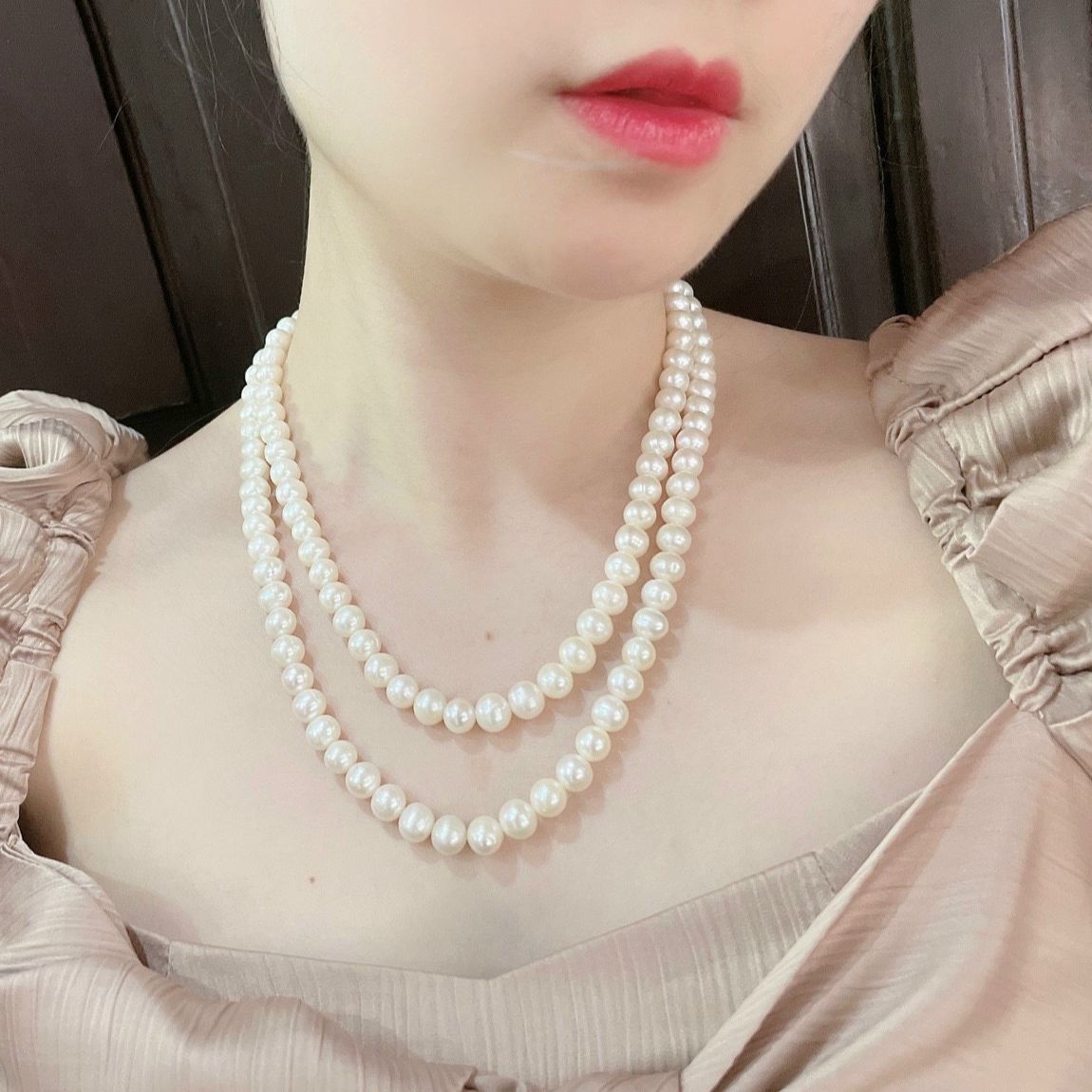 Vòng cổ ngọc trai thật nước ngọt 8li hạt bóng đẹp 2 tầng chung khóa hoa hồng kiểu dáng quý phái - TRANG SỨC BẠC VÀ TRAI gian hàng chính hãng cam kết trai thật