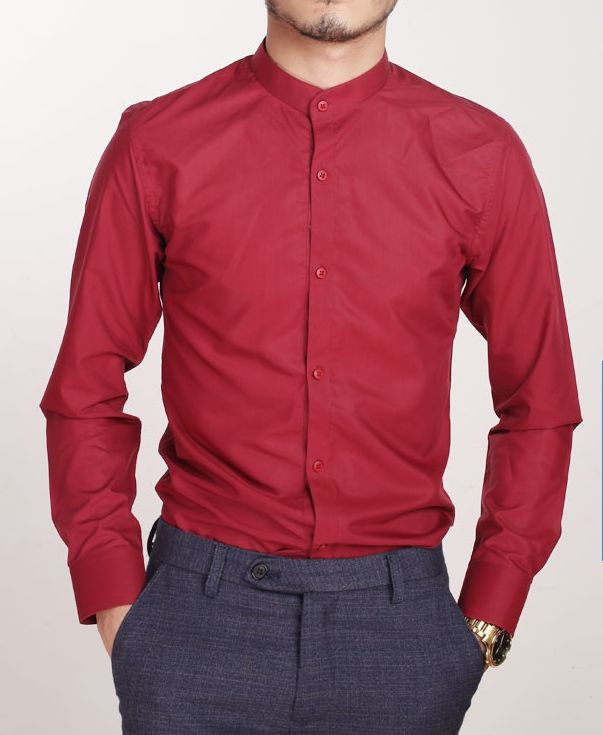 Áo sơ mi nam Cổ Trụ Đỏ Đô loại đẹp, Sơ mi nam Cổ Tàu Đỏ Đô chống nhăn, dáng ôm đẹp