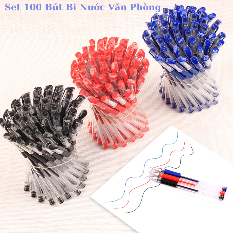 Sét 100 bút bi nước văn phòng 0,5mm mực đều nét chữ đẹp đủ màu tím, đen, đỏ xanh