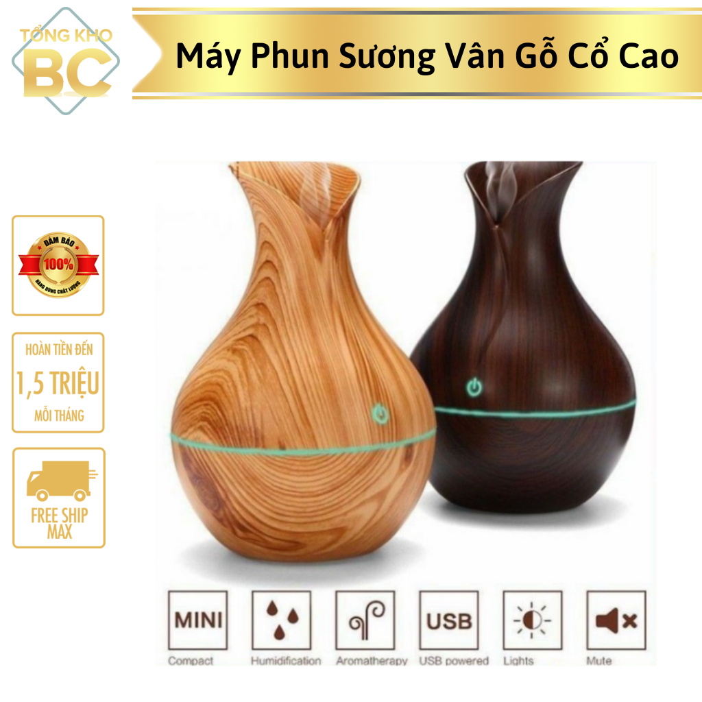 Máy xông tinh dầu vân gỗ cổ cao, máy phun sương tinh dầu tạo ẩm khuếch tán tinh dầu