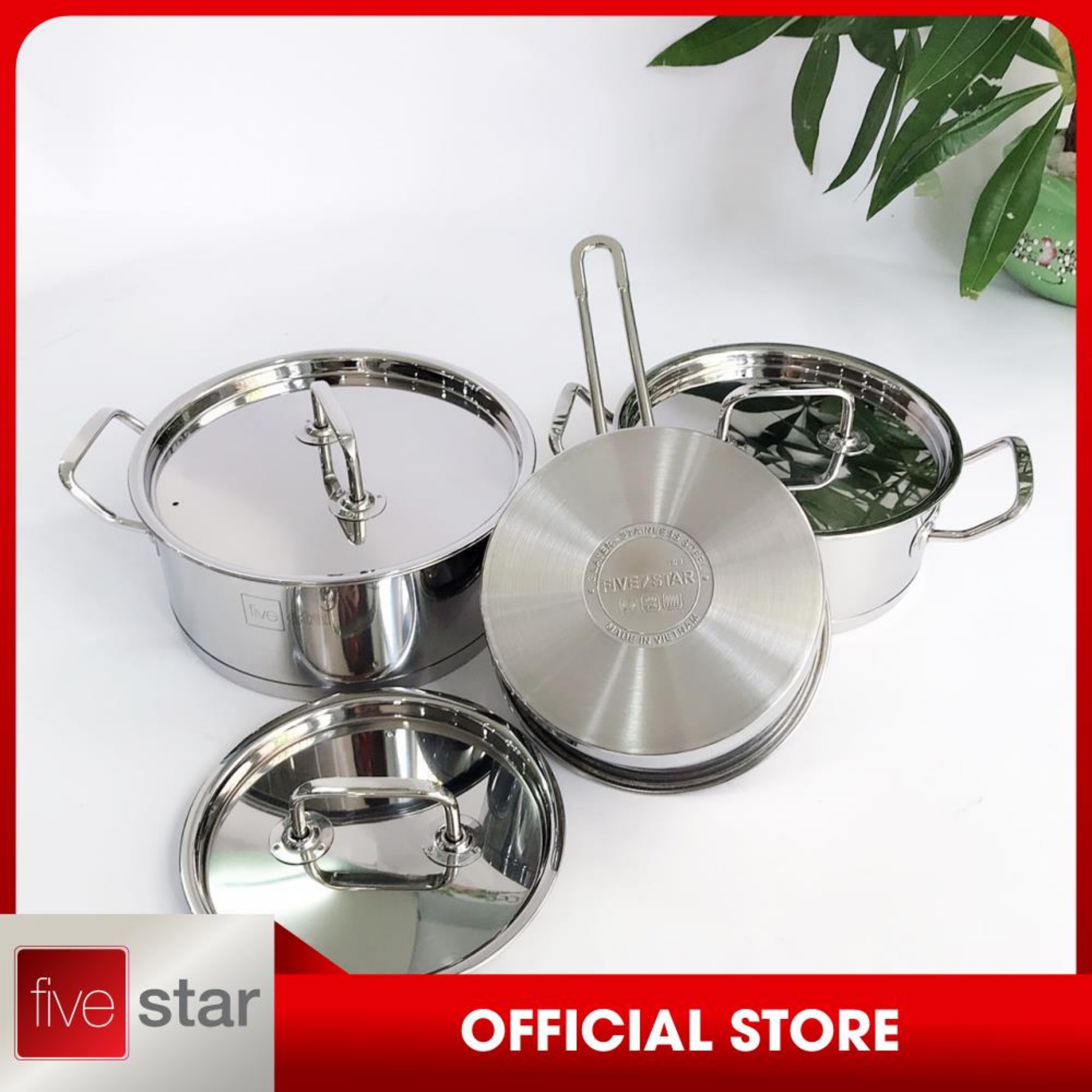 Bộ nồi inox 430 Fivestar Standard  nắp inox 3 đáy dùng được mọi bếp (1 quánh 16cm x 1 nồi 18cm x 1 nồi 20cm )
