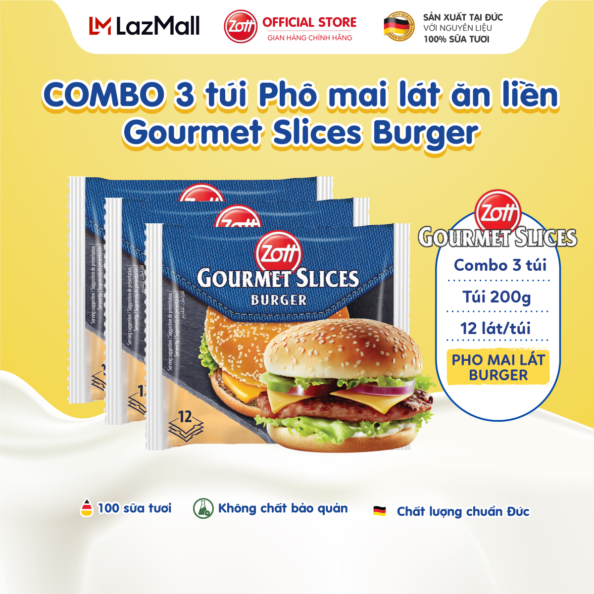 COMBO 3 túi Phô mai lát Zott Gourmet Slices BURGER nhập khẩu từ Đức