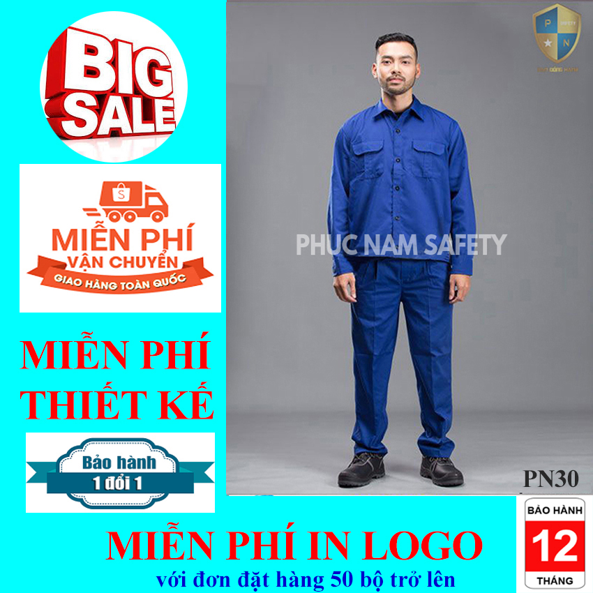 Bộ quần áo bảo hộ lao động, quần áo bảo hộ lao động màu xanh dương vải liên doanh – PN30, quần áo bảo hộ chất lượng, quần áo bảo hộ lao giá rẻ, đồng phục kỹ sư, đồng phục lao động, bảo hộ lao động Phúc Nam