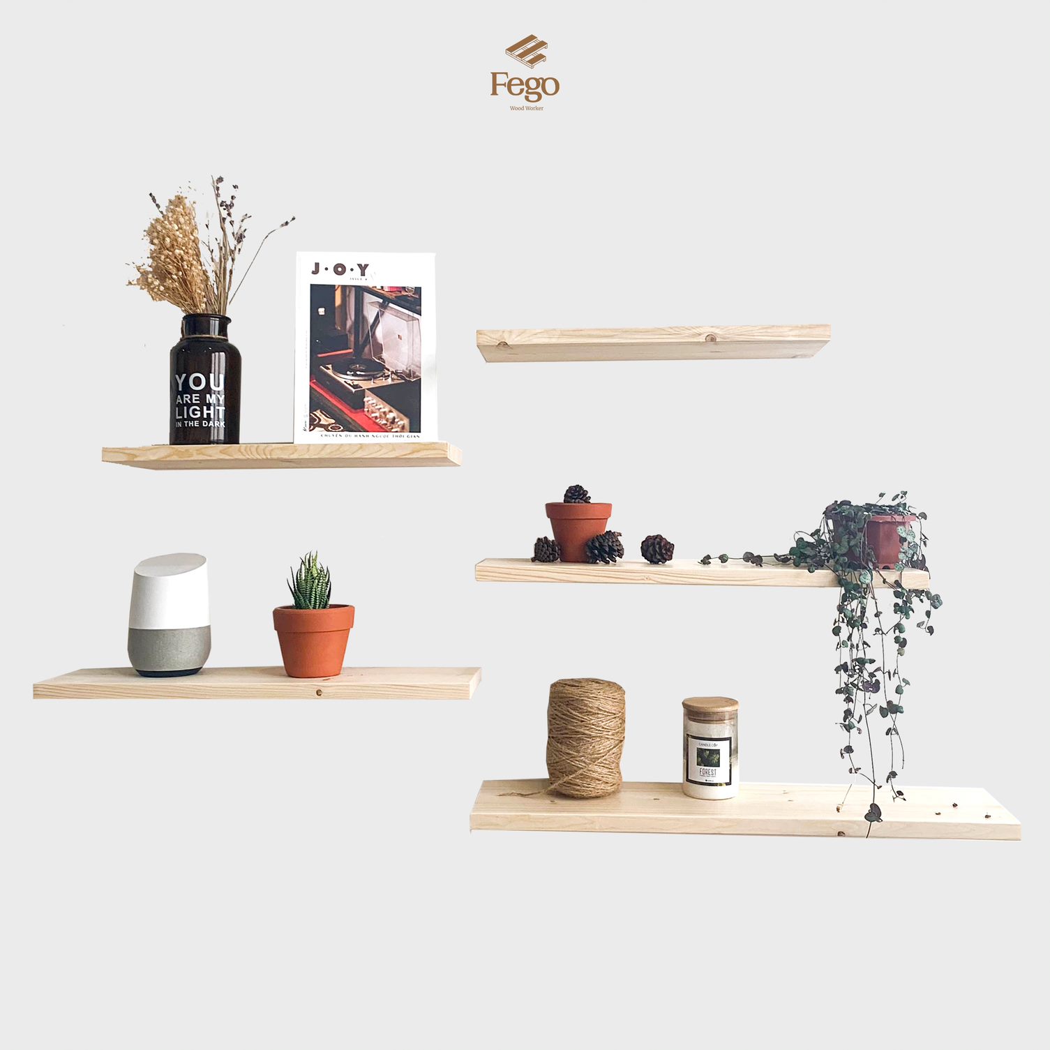 Kệ gỗ thanh ngang gắn tường FEGO 40x15cm/ Giá đỡ treo tường giấu chân bằng gỗ thông tự nhiên trang trí phòng bếp, phòng khách decor