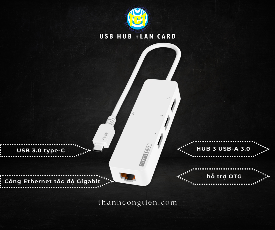 Totolink u1003c bộ chuyển đổi usb type-c sang ethernet rj45 gigabit và 3 cổng usb 3.0