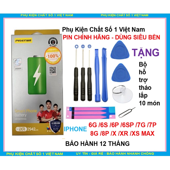 PIN PISEN IPHONE CHÍNH HÃNG DUNG LƯỢNG CHUẨN 6G /6S /6P /6S PLUS/ 7/ 7 PLUS / 8 /8pl/X/Xs/Xr/Xsmax + Bộ Vít tháo lắp