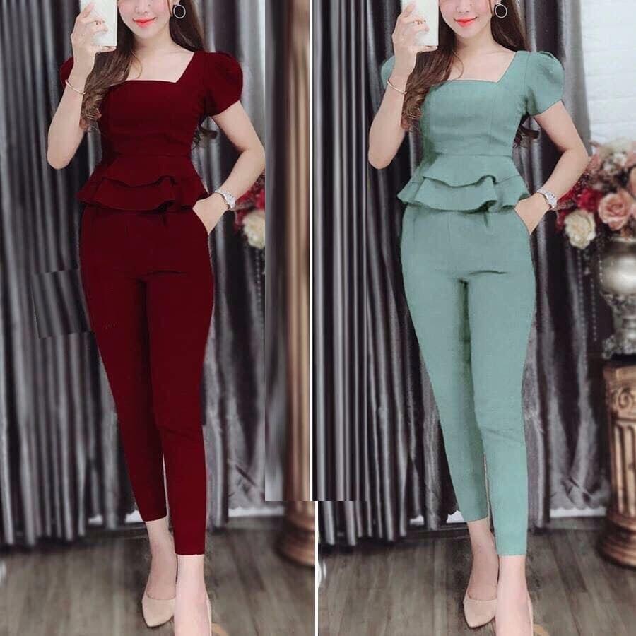 Set Bộ Dài Áo Bèo Cổ Vuông, Chất Liệu Vải Co Giãn Mềm Mịn, Thoáng Mát, Co Giãn Tốt, Kiểu Dáng Trẻ Trung Năng Động