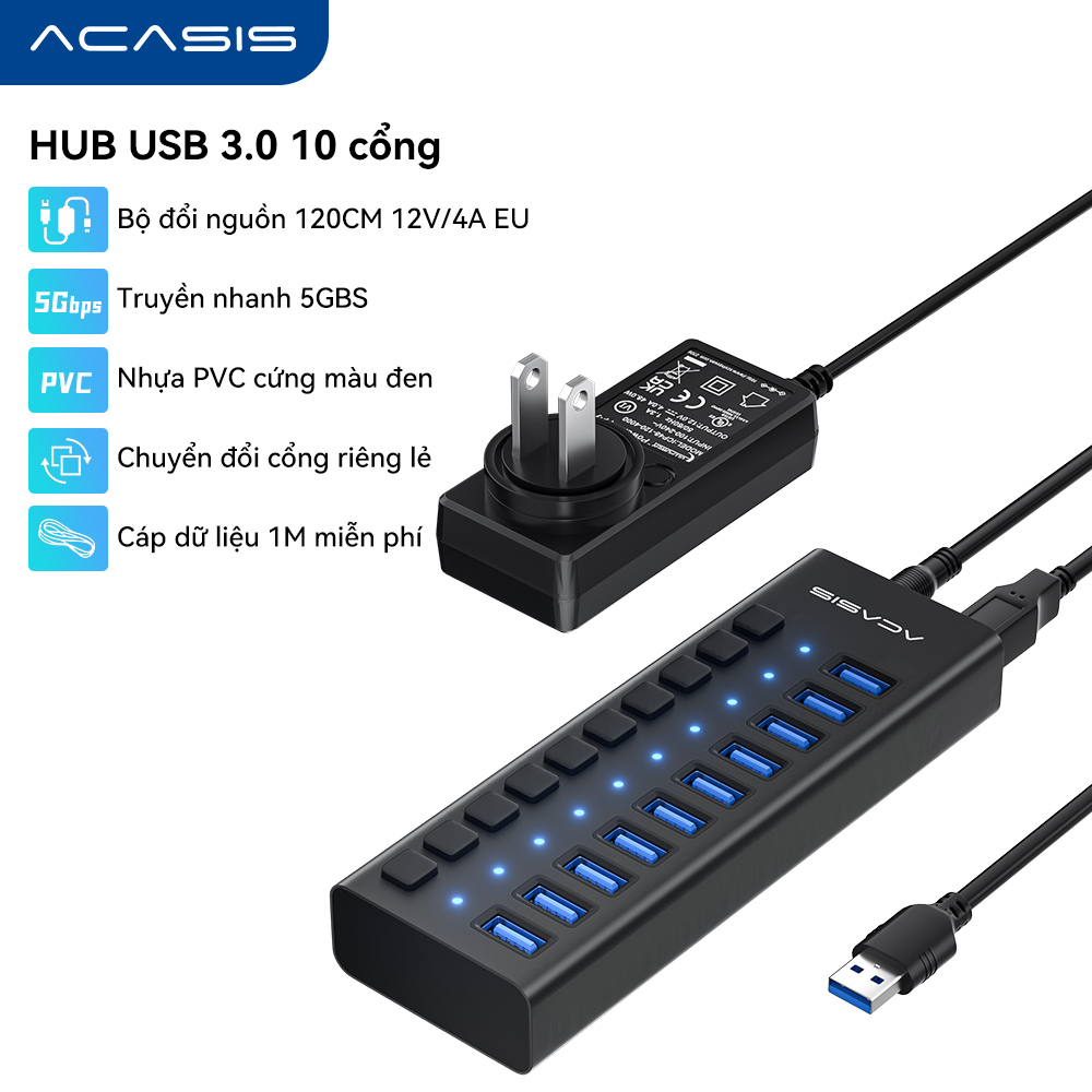 Acasis Bộ Hub USB 3.0 tốc độ cao 5Gbps 10 cổng + bộ đổi nguồn cho máy tính xách tay PC - INTL