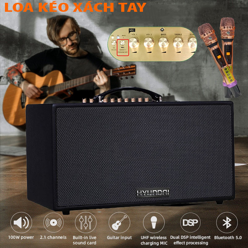 Loa Mỹ Hàng Bãi Loa HUYNDAI Hát Karaoke Loa Nghe Nhạc Bluetooth Xách Tay Công Suất Lớn 480W Vỏ Loa Gỗ Blueototh 5.0 Music Volume Treble Bass USB TF Card Chất Âm Trong Trẻo Không Bị Hú Rít Pin Trâu 67h