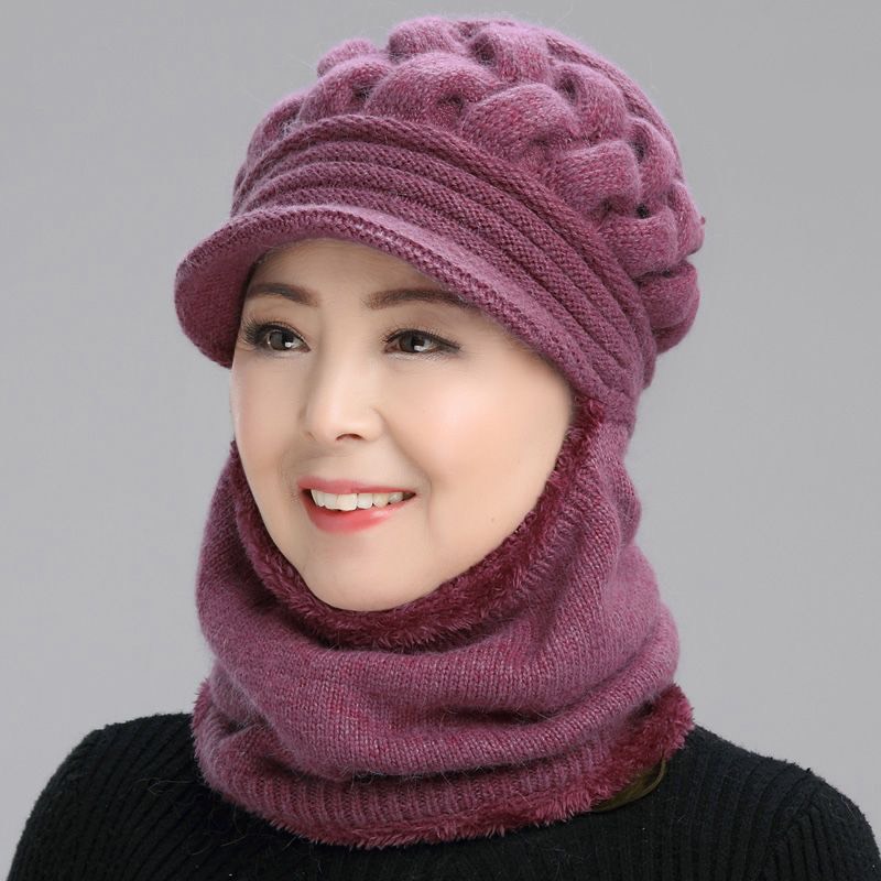 Mũ len trung niên nữ, mũ len ấm kèm khăn, nón len nữ lót nỉ siêu ấm