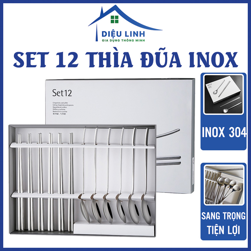 Thìa đũa inox set 12 thìa đũa hộp trắng, thìa muỗng inox chống trơn cao cấp full hộp sang trọng - bộ đồ dùng bàn ăn 12 món gồm 6 thìa + 6 đôi đũa inox - set 12 muỗng đũa inox dieulinhshop