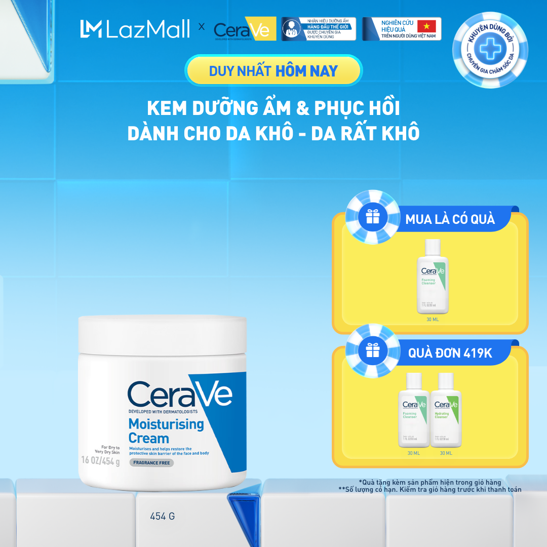 Kem dưỡng ẩm phục hồi sâu và ẩm mịn suốt 48H dành cho da khô, duy trì hàng rào bảo vệ da CERAVE MOISTURISING CREAM 454G