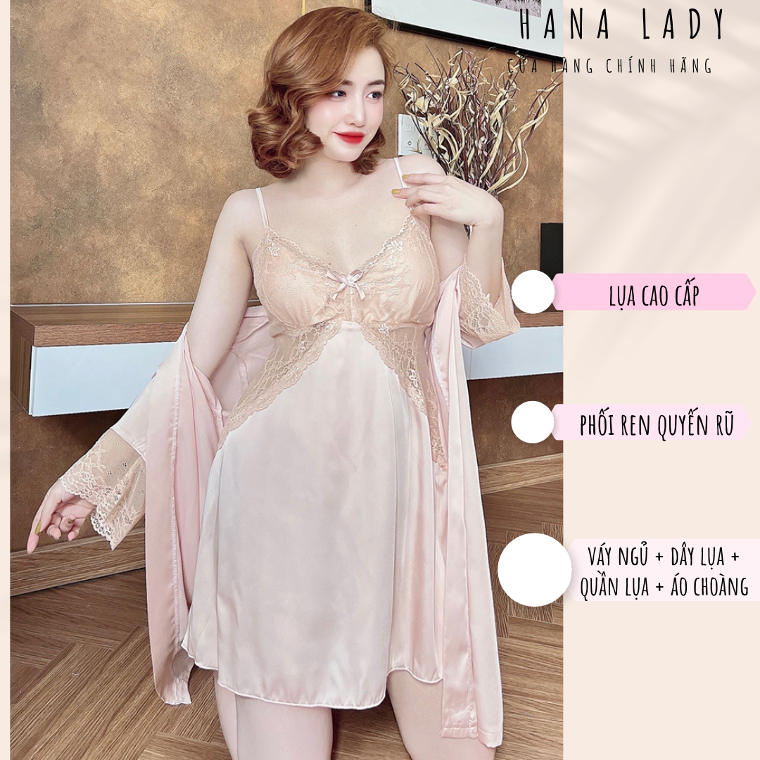 Váy ngủ lụa 2 dây kèm choàng có mút ngực gợi cảm - đầm ngủ sexy cao cấp HanaLady VN489