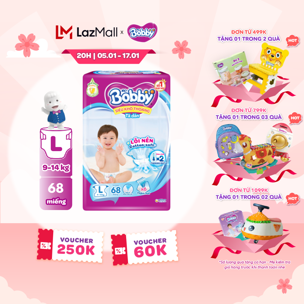 [CHỈ 05-17.01 QUÀ TẶNG ĐH 499K] Tã/Bỉm dán Bobby 3mm Ultra Jumbo Gạo non Giảm nhiệt L68