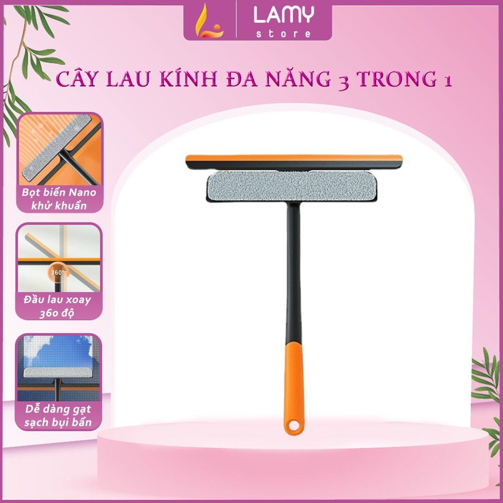 Cây Lau Kính Thông Minh 3 Trong 1, Chổi Lau Kính Gạt Nước Xoay 360 Độ Linh Hoạt