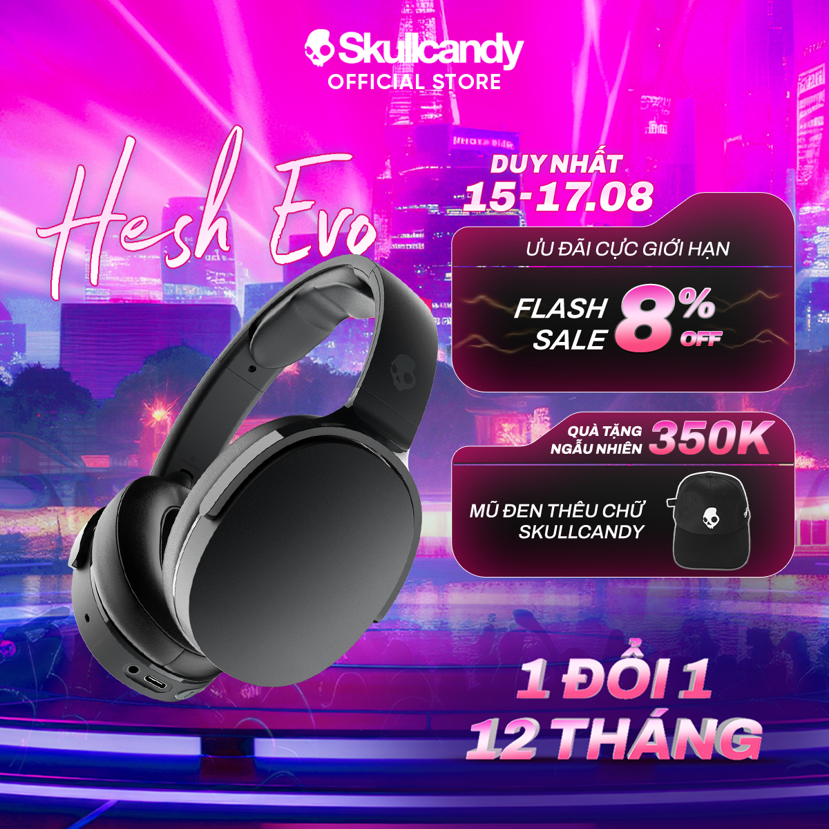 [THƯƠNG HIỆU MỸ] Tai nghe chụp tai Bluetooth,pin 36 giờ,sạc nhanh,điều khiển trên tai SKULLCANDY HESH EVO-BẢO HÀNH 1 NĂM