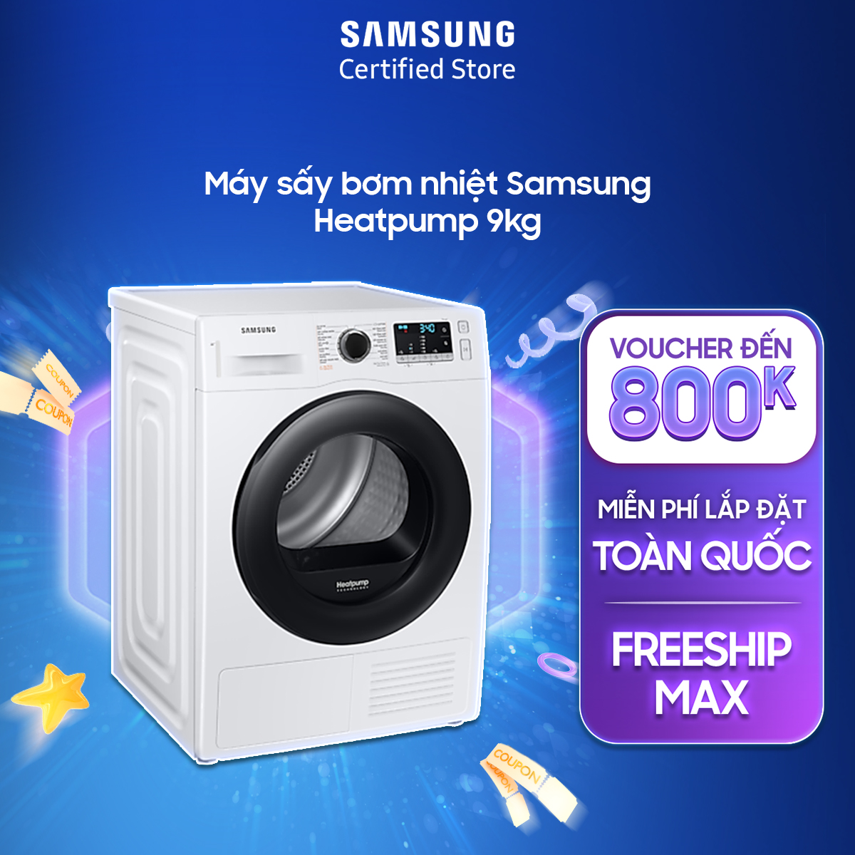 Máy sấy bơm nhiệt samsung heatpump 9kg dv90ta240ae/sv | sấy bơm nhiệt | 3 cảm biến