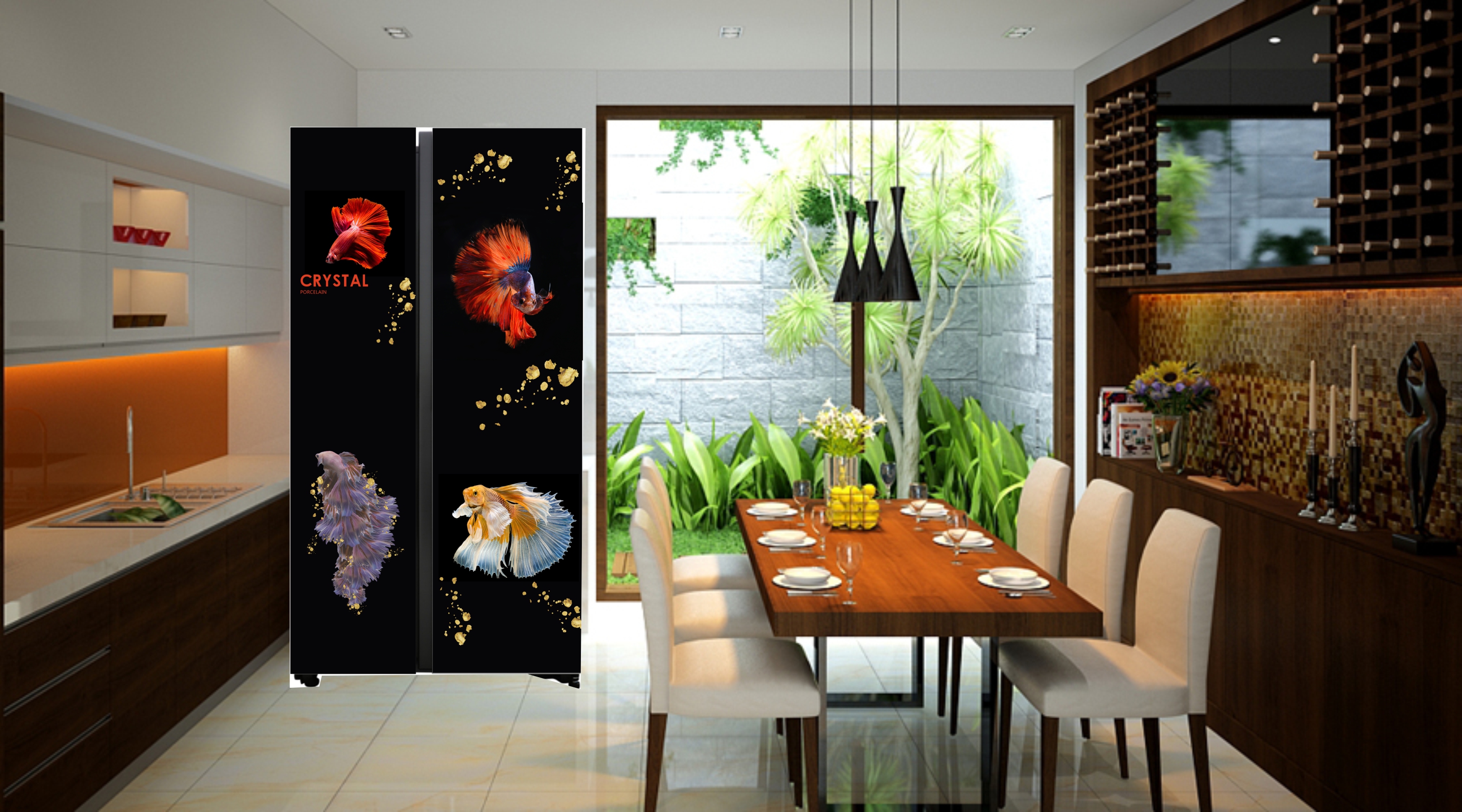 Miếng dán tủ lạnh 3D 2 cánh lớn - miếng dán tủ lạnh side by side Cá 3D