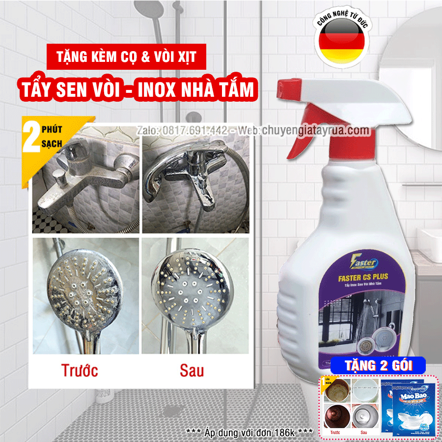(SIÊU MẠNH) Tẩy Đa Năng Inox Nhà Tắm, Cặn Canxi Trên Vòi Nước Inox, Bồn Inox, Sen Vòi Nhà Tắm Faster CS 500ml