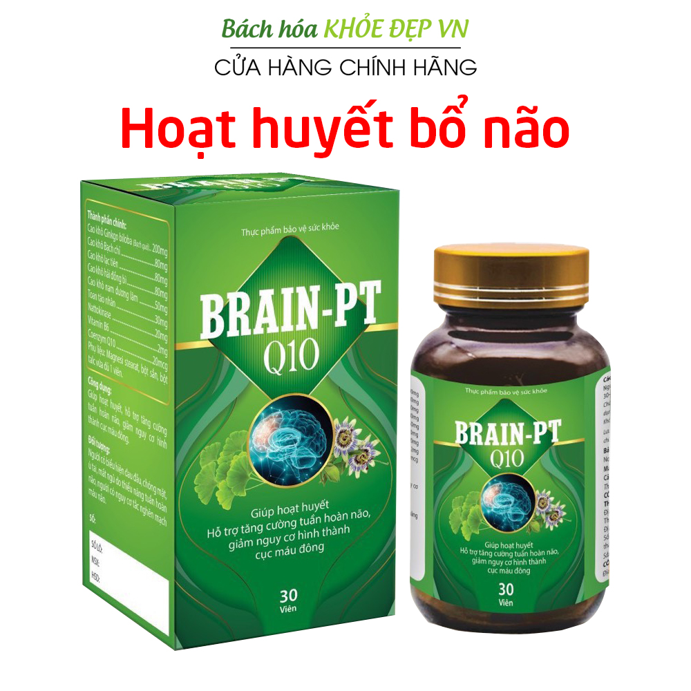 Hoạt huyết dưỡng não Brain PT Q10 giúp tăng cường tuần hoàn não, giảm nguy cơ hình thành cục máu đông - Chai 30 viên