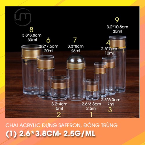 (1)2.6*3.8cm- Ống acylic đựng saffron, đông trùng hạ thảo,...loại nhựa dày, đẹp
