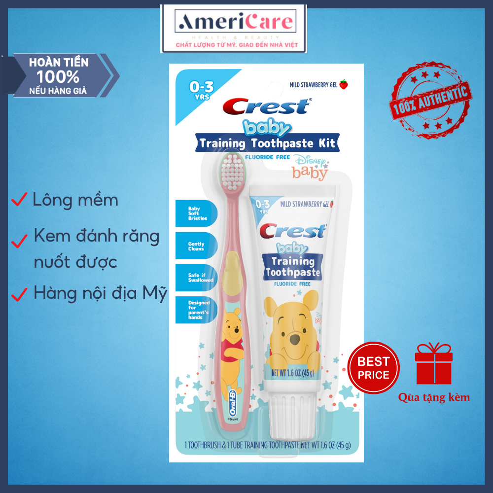 Combo kem đánh răng cho bé nuốt được và bàn chải đánh răng lông mềm cho bé 0-3 tuổi crest
