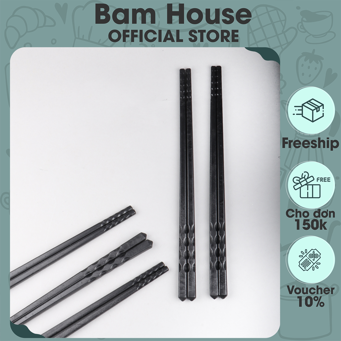 Bộ 10 đôi đũa nhựa chịu nhiệt Bam House màu đen đầu nhám cao cấp DND04 - Gia dụng bếp