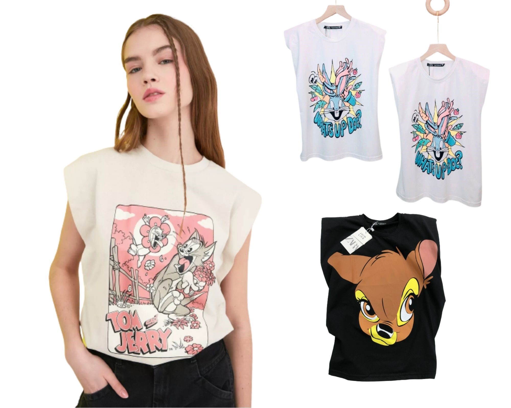 Ảnh thật -  Áo thun Độn vai nữ nhiều mẫu in hoạt hình siêu cưng: áo độn vai nai, độn vai thỏ Bunny, độn vai Tom & Jerry