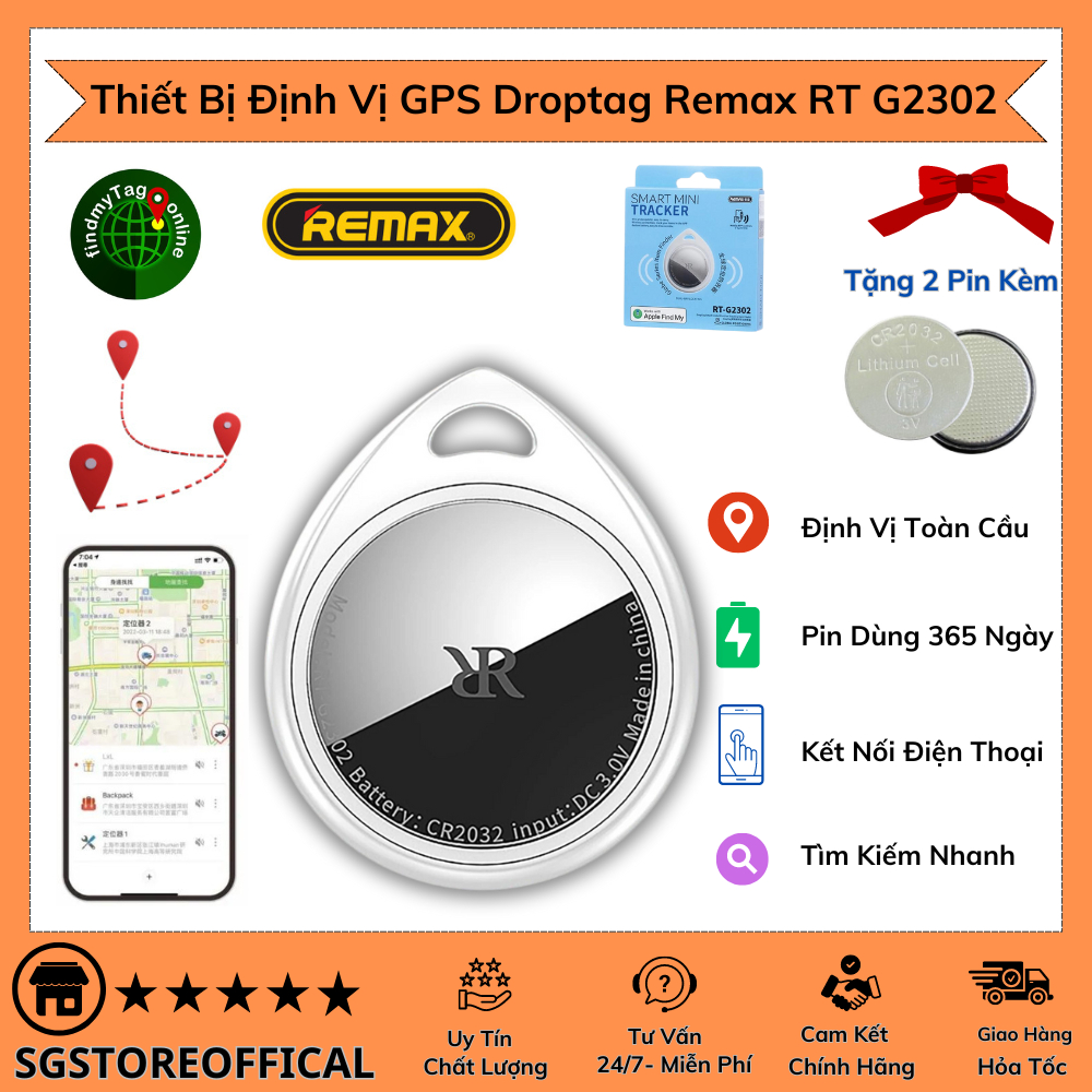  Thiết bị định vị GPS Droptag Remax RT G2302 theo dõi oto xe máy thú cưng trẻ em tránh thất lạc kết nối qua app 