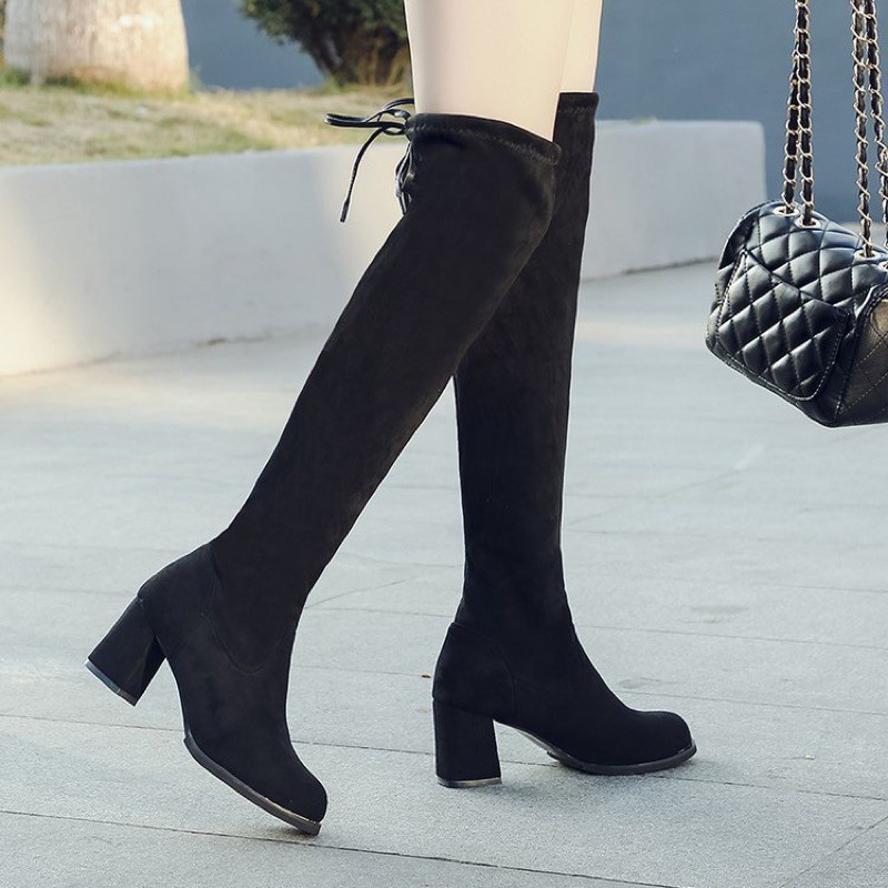 Bốt nữ, boot nữ, bốt đùi da lộn lót lông đế 7 phân
