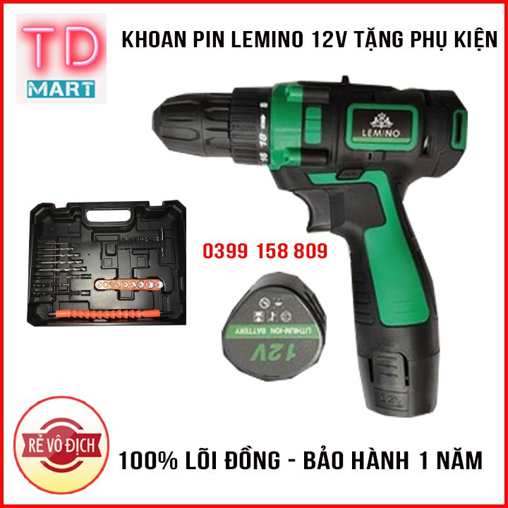 Máy khoan pin lemino 12v tặng kèm 30 chi tiết