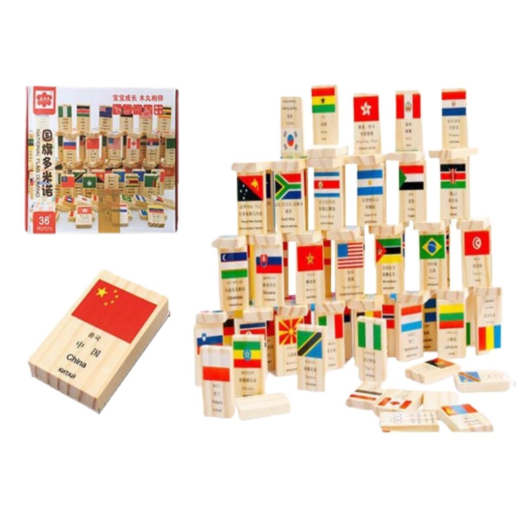 Domino 100 lá cờ quốc gia bằng gỗ các nước trên thế giới cho bé học hỏi và khám phá, alohalove baby ab19