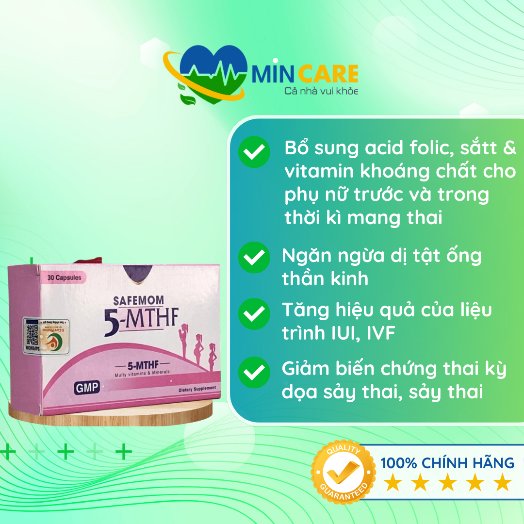 SAFEMOM 5-MTHF - Bổ sung Vitamin (B6, B12, E), Folate, Sắt và Khoáng chất cho mẹ bầu - Phòng ngừa dị tật thai nhi