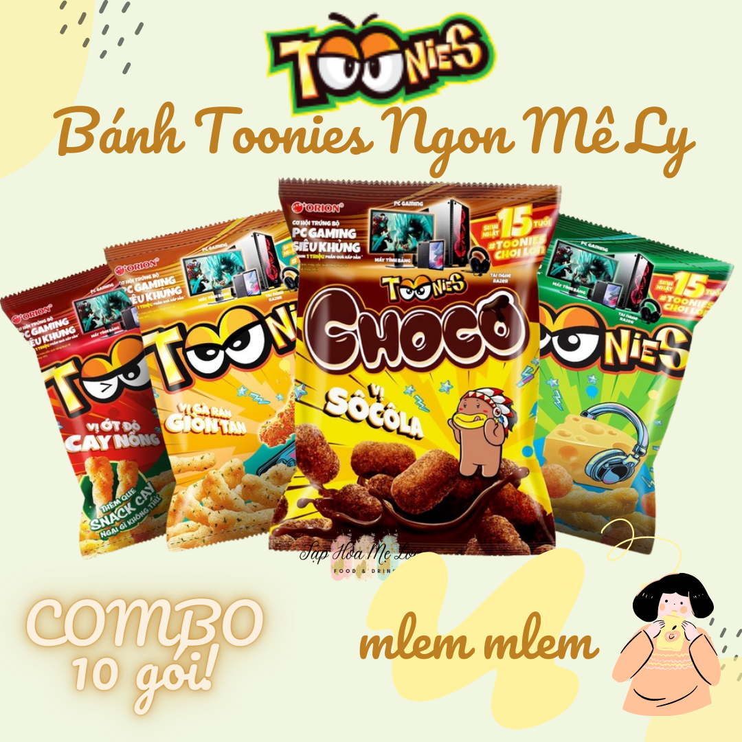 COMBO 10 Gói Bánh Snack Bim Bim Toonies Choco/Phô Mai/Cay/Gà Rán Giòn 36g