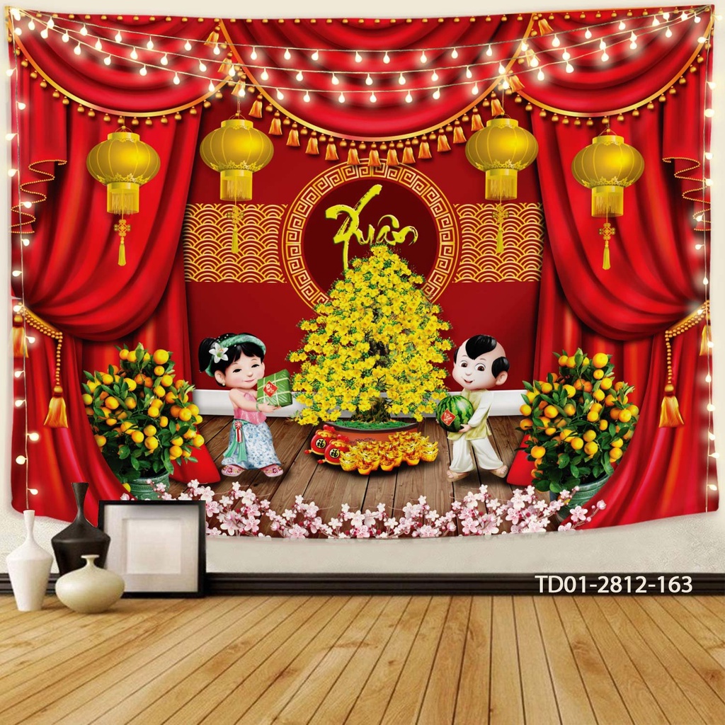 Tranh vải 3d treo tường trang trí tết, decor chúc mừng năm mới, happy newyear, backdrop khổ lớn 3m x1m8